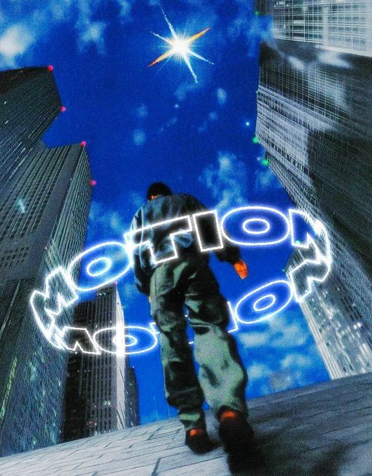 A person stands in a desolate urban setting beneath a vivid blue sky dotted with a star, as the word "MOTION" glows in neon light across their back. The scene visually echoes the caption's message, suggesting that focus and determination can generate one's own momentum even in stillness.