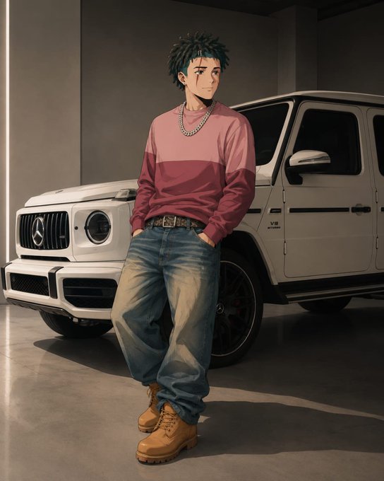 Anime-style illustration of a young man with dark dreadlocks wearing a pink and red sweatshirt, baggy jeans, and tan boots, leaning against a white Mercedes-Benz G-Wagon.