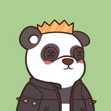 A cartoon panda character wearing a black studded jacket and an orange/yellow crown against a green background.