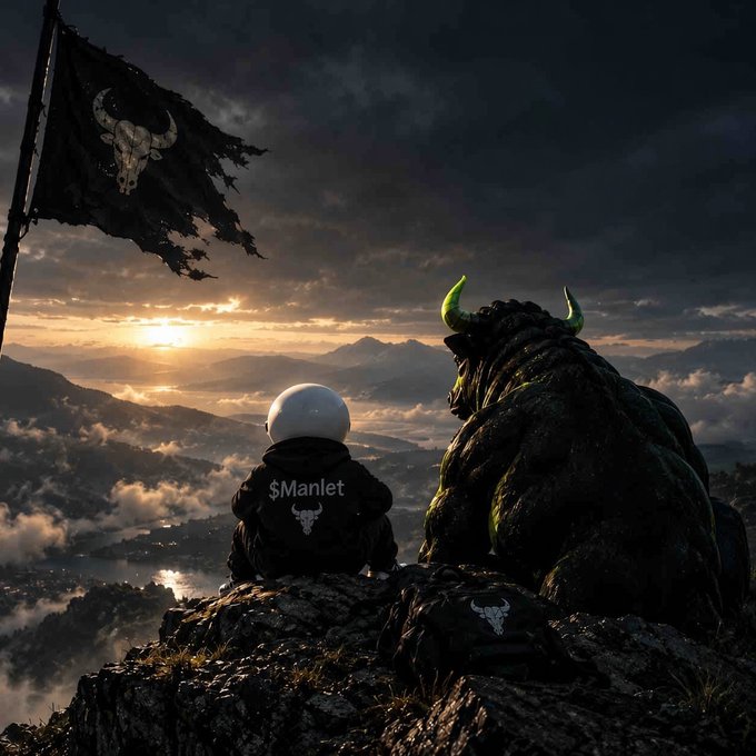 A dramatic digital artwork of a figure in a spacesuit labeled '$Manlet' sitting on a rocky cliff beside a large green bull-like creature, with a tattered bull flag flying in the foreground.