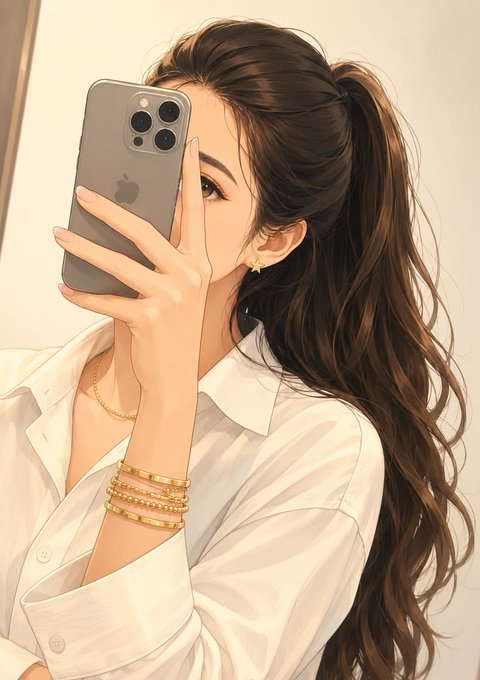 An anime-style illustration of a woman with long brown hair taking a mirror selfie with a smartphone, wearing a white shirt and gold bracelets.