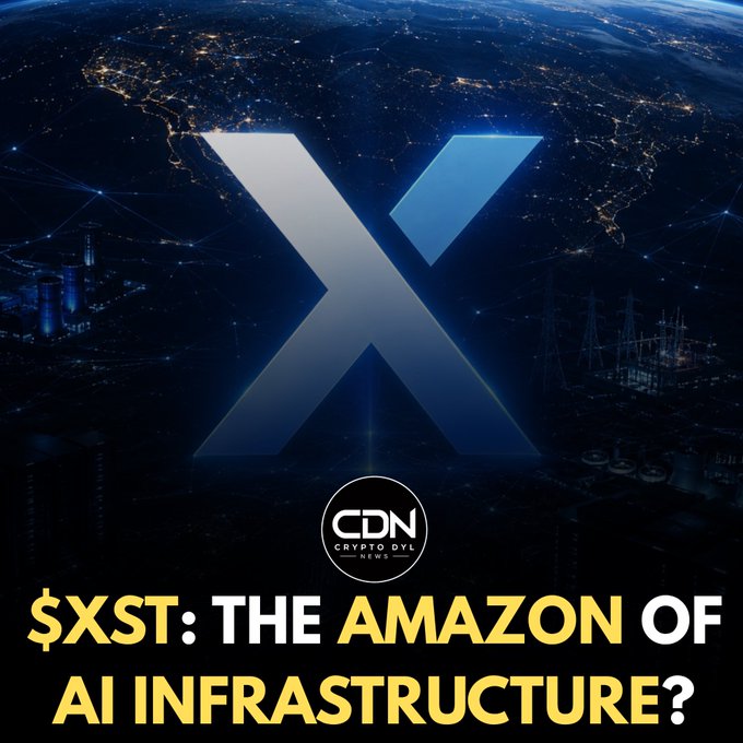 A promotional graphic for Crypto Dyle News featuring a large stylized "X" logo over a dark cityscape illuminated by network-like connections, with the headline "$XST: THE AMAZON OF AI INFRASTRUCTURE?" displayed in bold white and yellow text. The CDN (Crypto Dyle News) logo appears in the center, branding the image as a news feature highlighting the XST cryptocurrency token as a potential major player in AI infrastructure.
