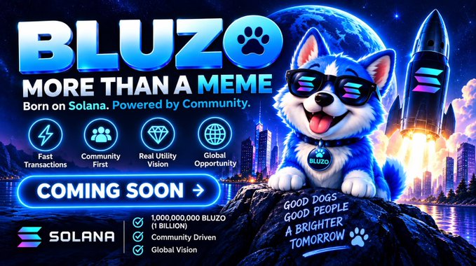 Promotional banner for the BLUZO meme coin on Solana, featuring a cartoon husky with sunglasses and a 'BLUZO' collar tag, with the tagline 'MORE THAN A MEME — Born on Solana. Powered by Community.' Key features listed include Fast Transactions, Community First, Real Utility Vision, and Global Opportunity, alongside a 'COMING SOON' call-to-action and the slogan 'GOOD DOGS, GOOD PEOPLE, A BRIGHTER TOMORROW.'