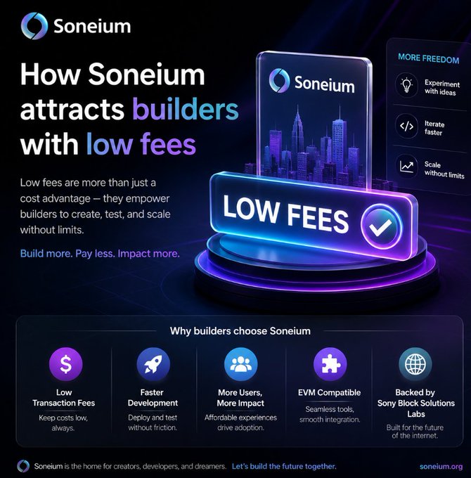 An advertisement for Soneium blockchain highlights 'Low Fees' and lists reasons 'Why builders choose Soneium,' including low transaction fees, faster development, and being backed by Sony Block Solutions Labs.