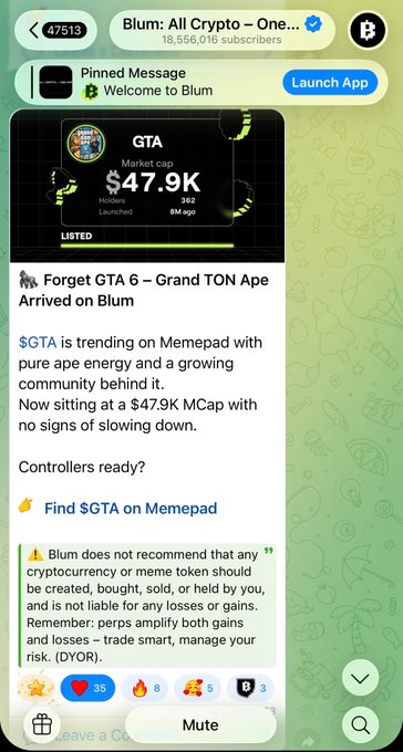 The image shows a cell phone screen displaying a message from someone named "blumcrypto" who has just posted about their cryptocurrency project called "GTA". The message includes details of the project, such as its purpose and the amount of money raised for it. The post also mentions that there is a community working together to support the project, which indicates that the project is gaining momentum and interest from others.