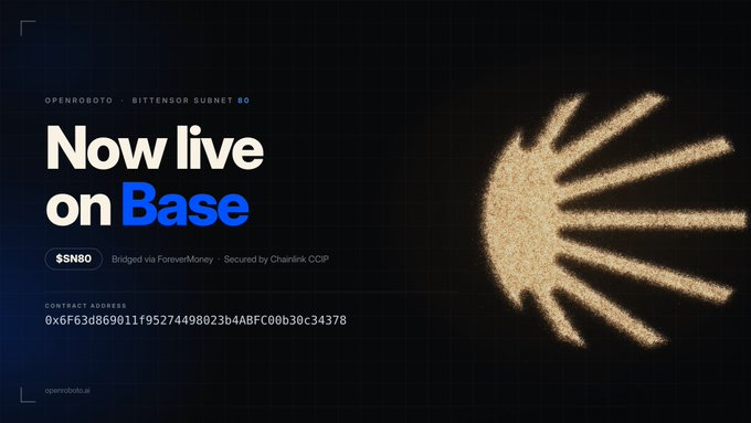 A promotional graphic announces 'Now live on Base' for 'OPENROBOTO · BITENSOR SUBNET 80' with a contract address starting with '0x6F63d869011f95274498023b4ABFC00b30c34378'.