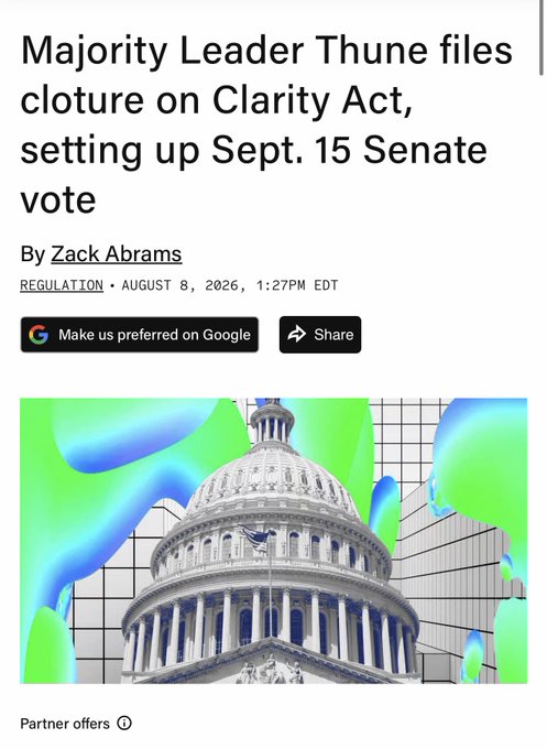 A news article headline reading "Majority Leader Thune files cloture on Clarity Act, setting up Sept. 15 Senate vote" by Zack Abrams, dated August 8, 2026, featuring an image of the U.S. Capitol dome with colorful abstract overlays.