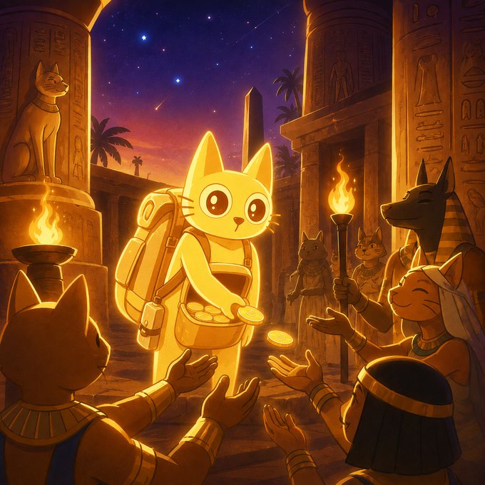 A digital illustration depicting an anthropomorphic golden cat wearing a backpack and holding a pouch of gold coins, standing before Egyptian-themed statues including Anubis and Bastet, while cat-like figures offer their hands in a desert temple at twilight.