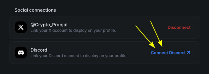 The image shows Polymarket's "Social connections" settings, highlighting the option to "Connect Discord" to your account, alongside a previously linked X account. This aligns with the post's announcement about the new Discord linking feature on Polymarket.