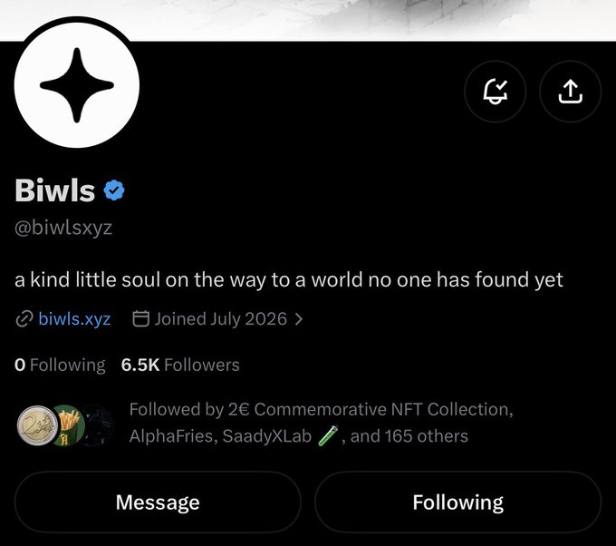 This image shows a Twitter/X profile page for "Biwls" (@biwlsxyz) with a blue verified checkmark, featuring a black star logo avatar, the bio "a kind little soul on the way to a world no one has found yet," a link to biwls.xyz, 6.5K followers, and the current "Following" status. The profile aligns with the accompanying post promoting it as an upcoming ETH-based vector pfp collection with a 5,555 supply and $1 mint price.