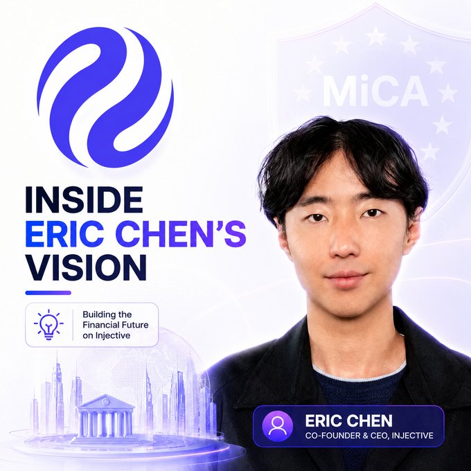 A promotional feature titled 'INSIDE ERIC CHEN'S VISION' highlighting the Co-Founder & CEO of Injective, themed around 'Building the Financial Future on Injective' with MiCA-related imagery.