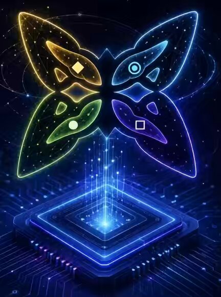 The image features a butterfly-like design with blue and purple lights, which are floating above a square circuit board. The butterfly has four wings spread out, giving it an ethereal appearance. The circuit board below the butterfly displays various electronic components such as resistors and capacitors. The background of the image is dark blue, providing a stark contrast to the colorful butterfly and circuit board elements.