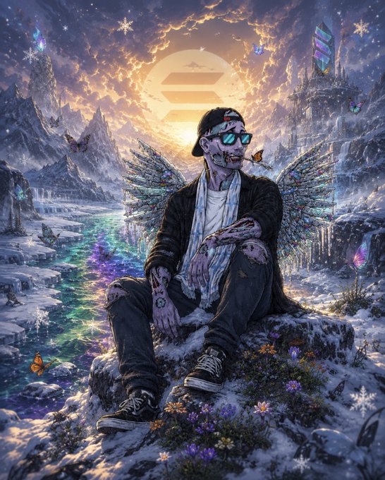 A digital illustration of a tattooed man wearing a cap and sunglasses sitting on a snowy, crystal-covered cliff with iridescent wings, surrounded by butterflies and flowers, with a Solana logo prominently displayed in the cloudy sky behind him.
