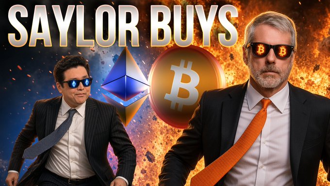 A dramatic promotional thumbnail features two men in suits wearing cryptocurrency logo sunglasses (BTC and ETH) against a fiery background, with the bold text "SAYLOR BUYS" displayed prominently above them alongside Bitcoin and Ethereum coin graphics, teasing news of Michael Saylor's Bitcoin purchase.