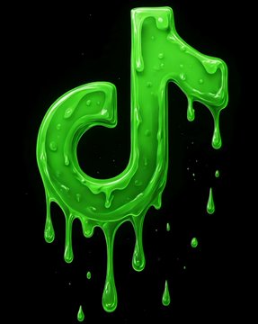 A glossy, dripping green slime-style TikTok logo on a black background, with green droplets falling from the musical note shape.