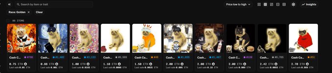 An NFT marketplace interface displays a collection called 'Race Golden' featuring various cat images, with prices listed in ETH ranging from 0.75 to 2.78 ETH.