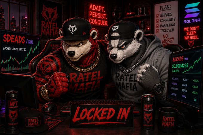 A promotional crypto image featuring two anthropomorphic honey badgers wearing 'Ratel Mafia' apparel, alongside Solana branding, '$DEADS / SOL' ticker, and the text 'LOCKED IN' and 'ADAPT. PERSIST. CONQUER.'