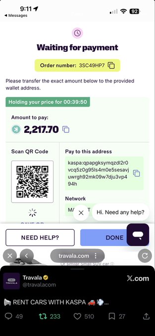 The image shows a Travala payment confirmation screen displaying a "Waiting for payment" status with an order number (3SC49HP7), a required payment of 2,217.70 (Kaspa/KAS), a countdown timer, a QR code, and the wallet address for transfer. A chat window from Travala reads "Hi. Need any help?" alongside a tweet from @travalacom promoting "RENT CARS WITH KASPA," illustrating the seamless crypto-based car rental service highlighted in the caption.