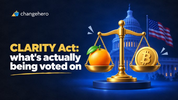 ChangeHero promotional graphic for an article titled "CLARITY Act: what's actually being voted on," featuring a balance scale weighing an orange against a Bitcoin coin with the U.S. Capitol in the background.