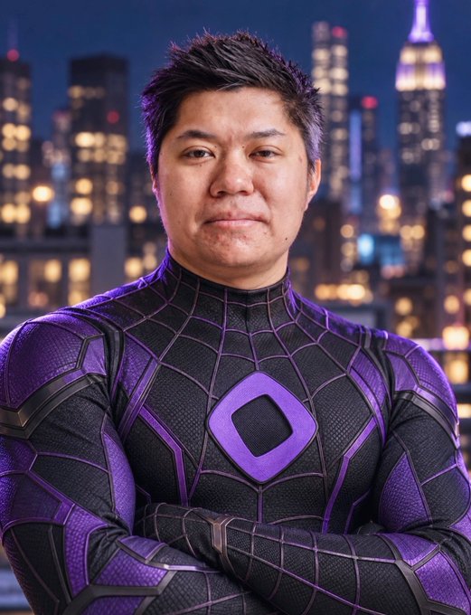 A man in a black and purple superhero suit with a distinctive diamond emblem on the chest stands confidently with arms crossed against a backdrop of a glowing city skyline at night, evoking a heroic vibe fitting for the excitement around $MON breaking past $0.03 ahead of Monad Open on October 6th.
