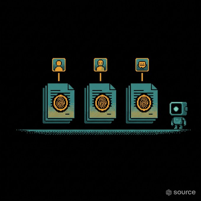 A pixel-art style illustration showing three documents with fingerprint icons representing different identities (a person, an avatar, and a speech bubble), with a small robot figure standing to the right, branded with the 'source' logo.