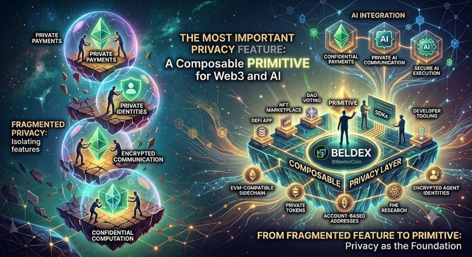 A Beldex infographic titled 'The Most Important Privacy Feature: A Composable Primitive for Web3 and AI' illustrating fragmented privacy features transforming into a unified platform.