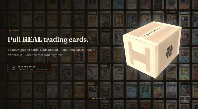 An advertisement banner for The Alley, displaying the text 'Pull REAL trading cards. 45,000+ graded cards. Odds posted. Instant buybacks. Instant ownership. Claim the real card anytime.' alongside an image of a cardboard shipping box against a backdrop of card cases.