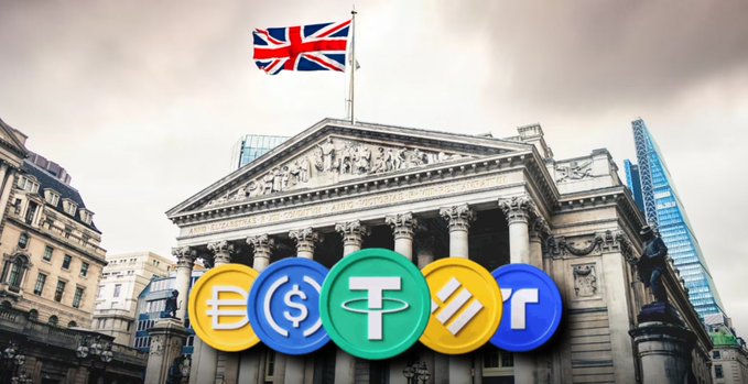A composite image showing the Bank of England building with the Union Jack flag, overlaid with cryptocurrency coins representing Euro, Dollar, Tether, Dai, and XRP.
