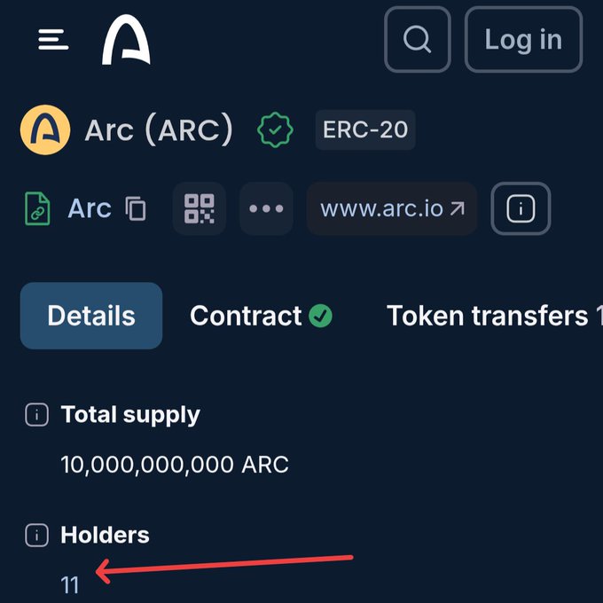 The image shows a token details page for "Arc (ARC)" on what appears to be a blockchain explorer, displaying a total supply of 10,000,000,000 ARC, an ERC-20 token standard, and notably only 11 holders, with a red arrow pointing to the holder count to emphasize the limited distribution, which aligns with the post's commentary about the token being split across just 11 wallets/contracts.