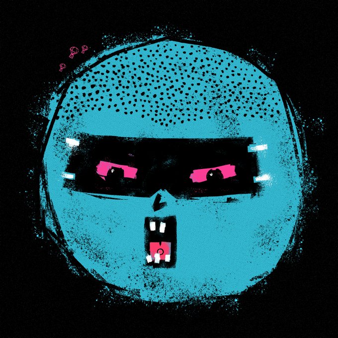 A stylized illustration of a blue, round-faced character wearing pixelated sunglasses with glowing pink eyes, sporting a shaved head, goatee, and an open mouth—matching the "g(rifter)m" caption with its gritty, urban edge.