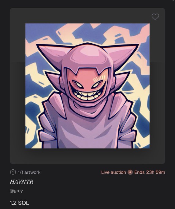 An NFT listing titled 'HAVNTR' by @grey priced at '1.2 SOL,' showing a pink armored character with a menacing grin and a 'BAYC' tattoo.