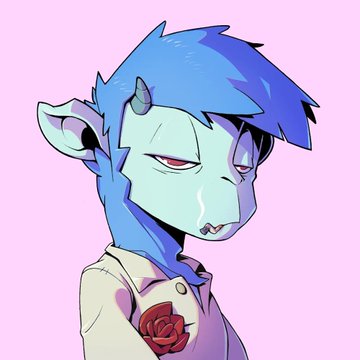 An anime-style digital illustration of a character with blue hair, small horns, teal skin, and red eyes, wearing a white collared shirt with a red rose design against a pink background.