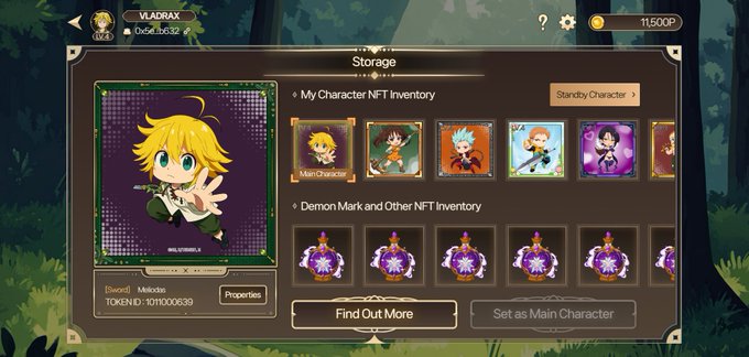 A screenshot of an anime-style game's storage interface showing a 'My Character NFT Inventory' with various characters and 'DemonMark and Other NFT Inventory' items, under the username VLADRAX.