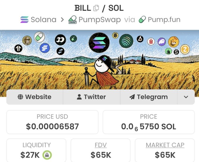 A trading interface for the BILL/SOL token pair on Solana via PumpSwap and Pump.fun, showing a price of $0.00006587 USD and 0.0₆5750 SOL, with $27K liquidity, $65K FDV, and $65K market cap.