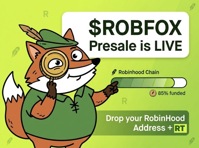 A cartoon fox dressed as Robin Hood with a magnifying glass promotes the "$ROBFOX Presale is LIVE," noting it is 85% funded on Robinhood Chain. The image aligns with the post's request to drop a Robinhood $ETH address for a snapshot in 300 minutes.