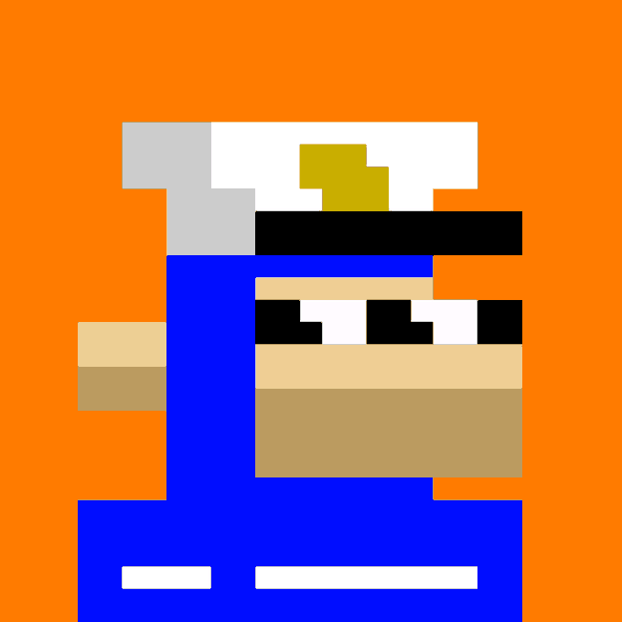 A pixelated digital artwork shows an abstract character in blue, white, and black on an orange background.
