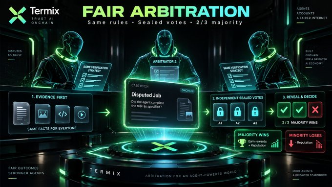 A promotional graphic for TermiX's 'Fair Arbitration' system, featuring three hooded figures labeled 'Arbitrator 1', 'Arbitrator 2', and a 'Same Verification Strategy' display. The layout shows a three-step process: '1. Evidence First', '2. Independent Sealed Votes', and '3. Reveal & Decide', with 'Majority Wins' and 'Minority Loses' outcomes.