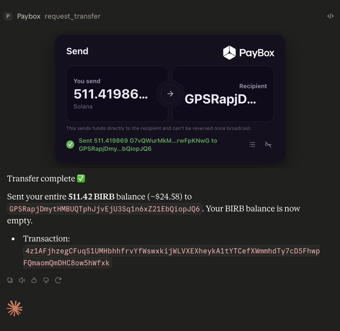 A Paybox transaction screenshot showing a successful transfer of 511.419869... Solana (~$24.58) sent to GPSRapjDmy...bQiopJQ6, resulting in an empty sender's $BIRB balance.