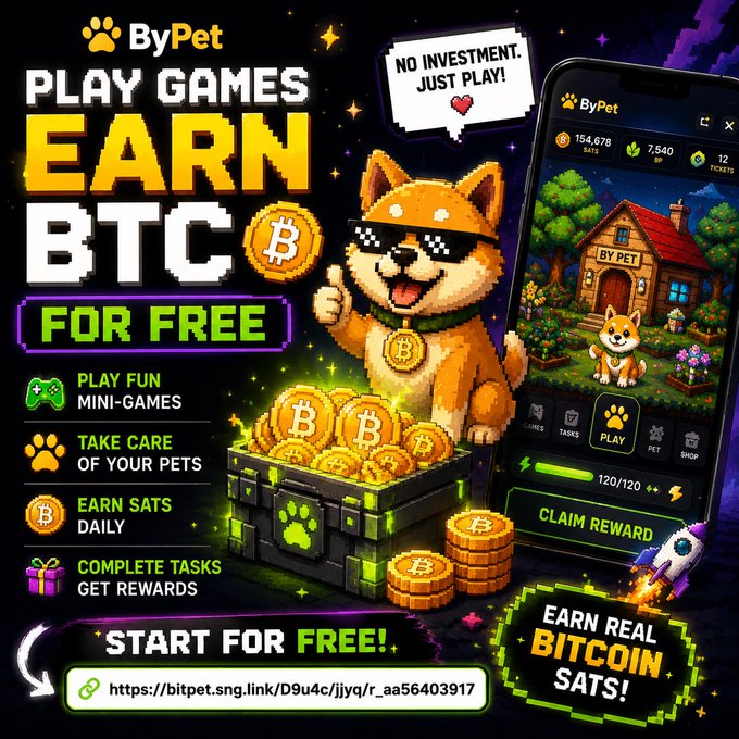 An advertisement for 'ByPet' app showing pixel-art style graphics of a Shiba Inu dog and text 'PLAY GAMES, EARN BTC FOR FREE!', 'NO INVESTMENT. JUST PLAY!', and a referral link.