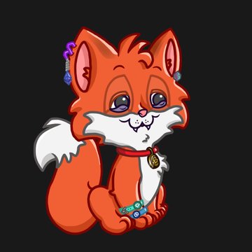 A cartoon illustration of a cute orange and white cat with purple eyes, wearing beaded accessories, sitting on a black background.