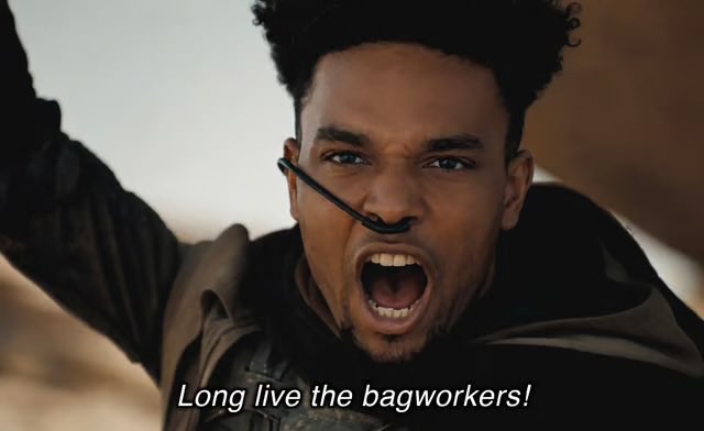 An image of actor Jaden Smith screaming dramatically, overlaid with the text "Long live the bagworkers!"