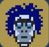 A pixel-art character portrait with wild dark blue hair, pale blue skin, and glowing eyes set against a yellow square background.