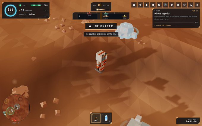 Screenshot of a voxel-based video game showing an astronaut character in a white and red spacesuit standing on an orange, low-poly Martian landscape near an 'ICE CRATER' labeled location with floating ice chunks.