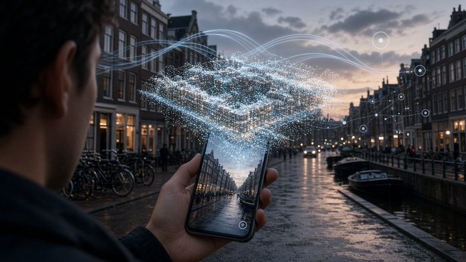 A person holds a smartphone that appears to project a glowing 3D hologram of buildings and wave patterns into the air above a European canal cityscape at sunset.