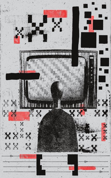 Abstract mixed-media artwork showing a dark silhouetted figure viewed from behind, facing a static-filled television screen, surrounded by black and red pixelated X patterns and bar elements on a textured off-white background.