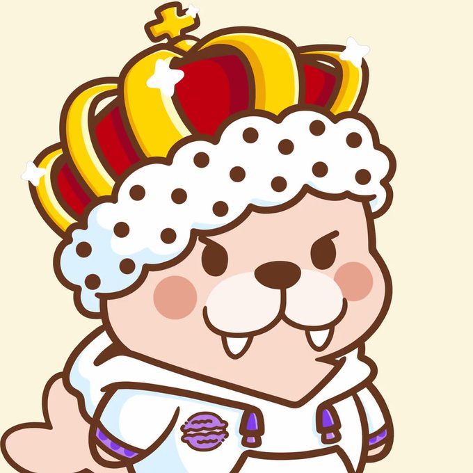 Cute cartoon illustration of a small dog/bear character wearing a large red and gold royal crown with white ermine trim and a white royal robe, looking grumpy with visible fangs.