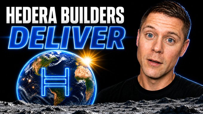 A YouTube thumbnail-style image shows a man next to an Earth graphic with the Hedera 'H' logo, captioned 'HEDERA BUILDERS DELIVER'.