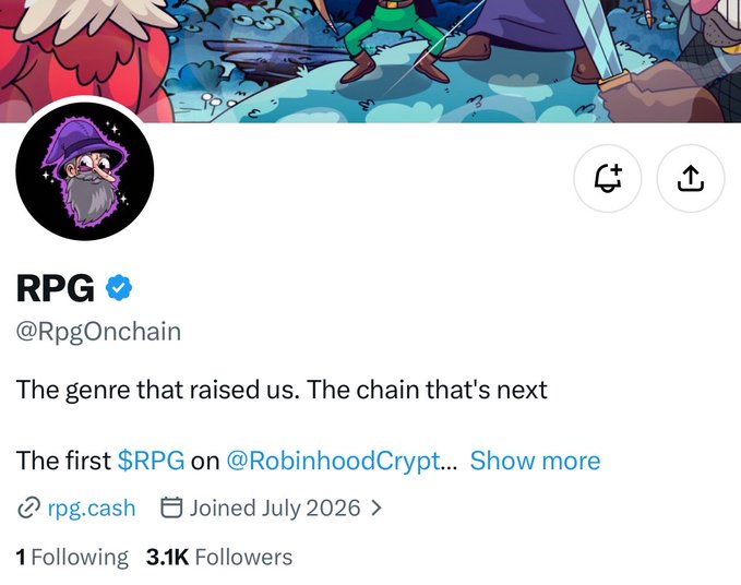 The Twitter/X profile for "RPG" (@RpgOnchain) is displayed, featuring a wizard avatar, the tagline "The genre that raised us. The chain that's next," and noting it as "The first $RPG on @RobinhoodCrypto" with 3.1K followers and a July 2026 join date. This directly supports the accompanying post about RPG being an upcoming free mint (355 supply) launching on Robinhood with an actual game in development.