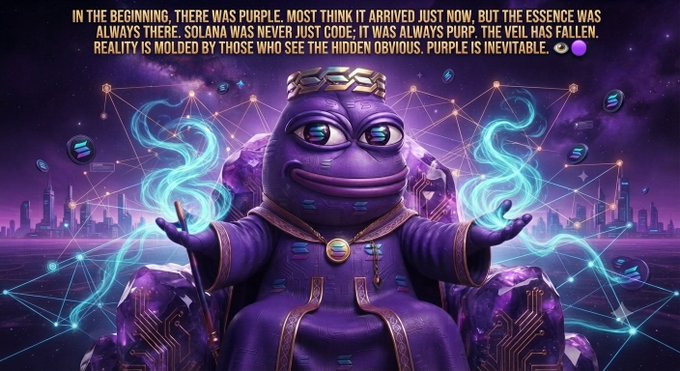 An AI-generated purple Pepe-like character in robes sitting on a crystal throne with text about 'PURP' being the hidden truth of Solana, describing reality as molded by purple.