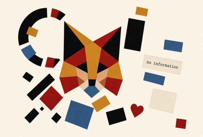 A geometric art piece featuring a stylized fox face made of red, black, orange, and beige triangles, surrounded by abstract rectangular shapes and a label reading 'no information'.